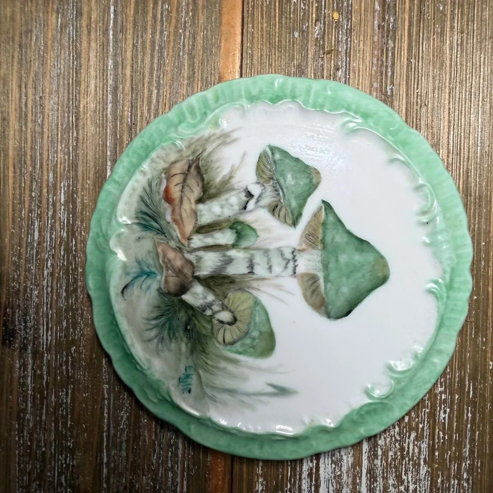 Vintage Mushroom Decorative Plate Painted Green Fairycore Cottagecore Whimsical